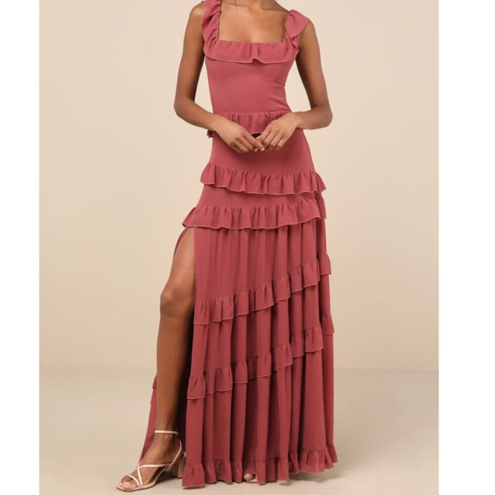 NEW Compelling Romantic Rusty Rose Ruffled Tiered Garden Party Maxi Dress Large
